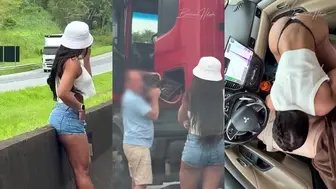 Horny married brunette fucks trucker on the road